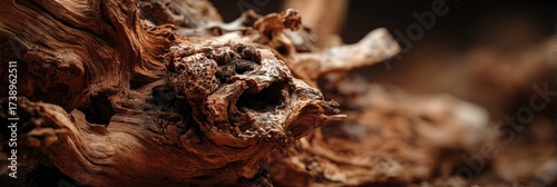 Close-up of weathered wood, intricate textures and tones of brown, with cavities and knots