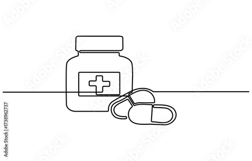 Continuous one line drawing of Pills Bottle Falling. Single line drawing illustration of Pills Falling out of bottle. Medical Capsules Container concept vector art. Doodle line illustration.