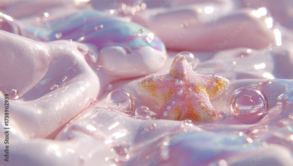 Fototapeta premium Soft, pastel-hued scene of a starfish, bubbles, and pearlescent objects in a flowing texture
