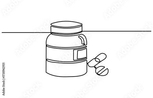 Continuous one line drawing of Pills Bottle Falling. Single line drawing illustration of Pills Falling out of bottle. Medical Capsules Container concept vector art. Doodle line illustration.