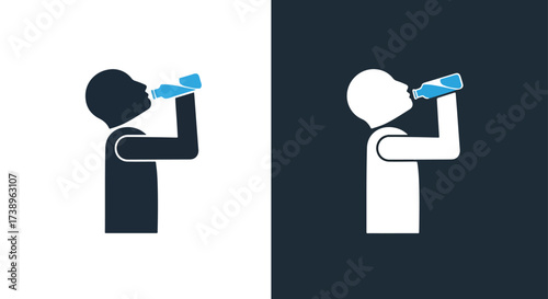 Simple icon person drinking water silhouette set hydration health care concept - Line and glyph solid icon and logo templete