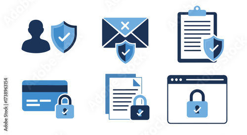Cybersecurity and data protection icons set for digital security concepts - Line and glyph solid icon and logo templete