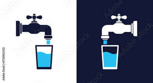 Tap faucet pouring clear water into a transparent glass icon for hygiene and purity concepts - Line and glyph solid icon and logo templete