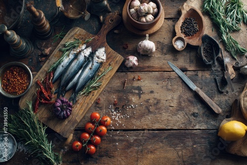 Rustic kitchen scene with fish and herbs