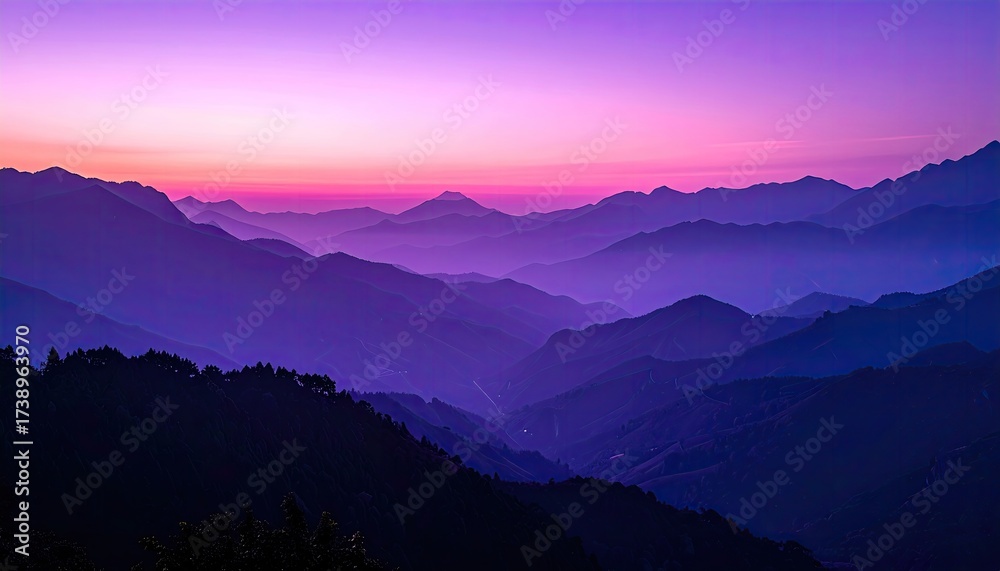 Obraz premium Serene Mountain Range Silhouette at Dusk with Gradient Sky in Hues of Purple and Orange Layers of Hills Cascading into the Horizon Soft Lighting