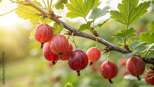 Foto Gooseberry tree in garden, Gooseberries tree in natural warm sunlight background