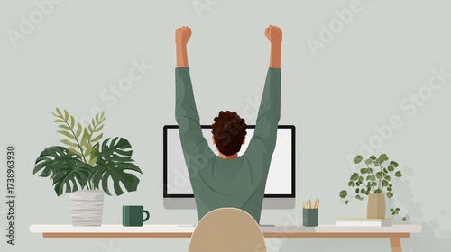 employee stretching arms after long computer session, wellness in office, minimal modern backdrop