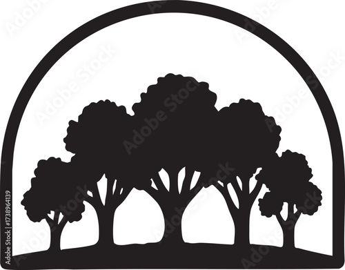 Stylized silhouette of a grove of trees under an arch isolated on white background