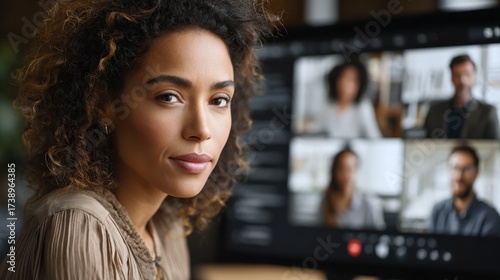 Wallpaper Mural team video conferencing with remote colleague, digital screen interaction, global collaboration Torontodigital.ca