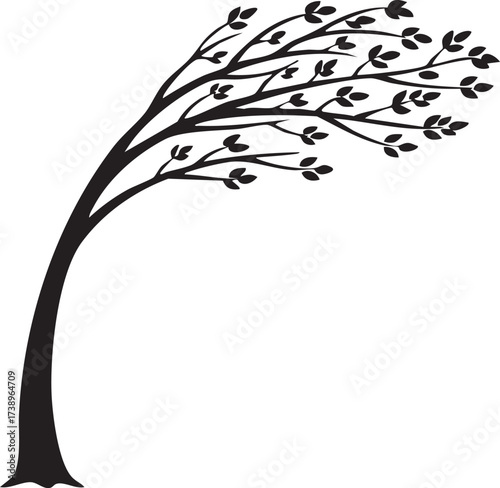 Stylized silhouette of a tree bending in the wind with delicate leaves isolated on transparent background