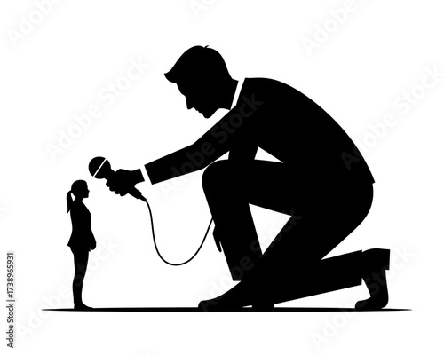 Conceptual silhouette of a large reporter giving a voice to a small person