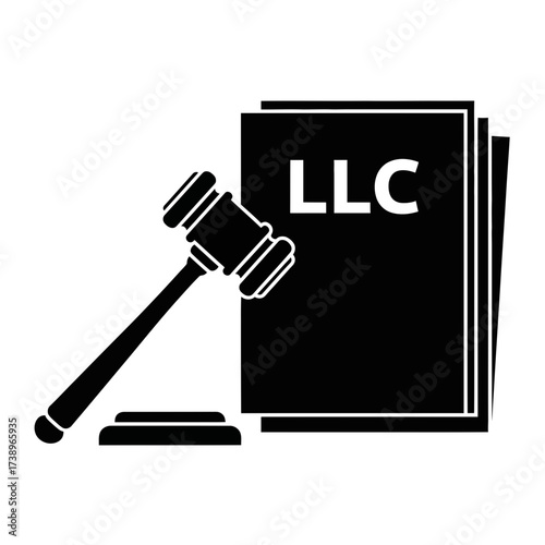 Concept of business law and corporate formation with LLC documents and a judge's gavel icon