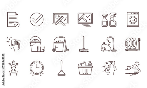 Set of outline icons for professional cleaning services, housekeeping, and domestic chores