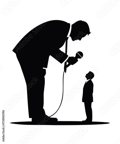 Conceptual silhouette of power imbalance with a giant figure interviewing a small man