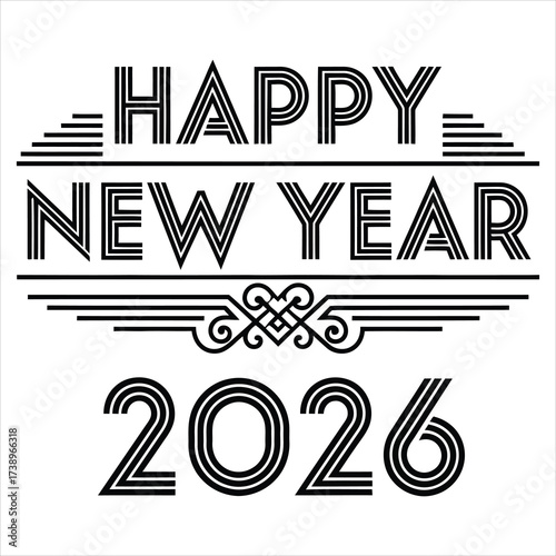 Happy New Year 2026 Art Deco Style Text Design celebration