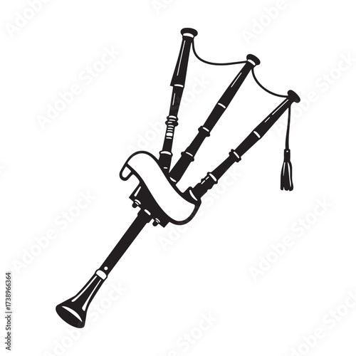 A detailed black and white illustration of a traditional set of bagpipes with a blank banner for customization