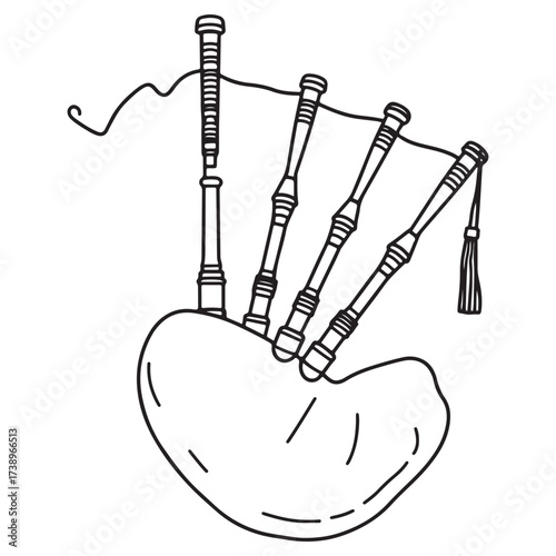 A detailed line drawing of traditional scottish bagpipes featuring a chanter and three drones emerging from a bag