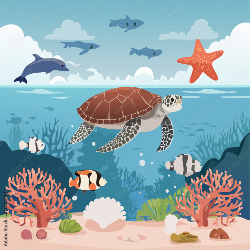 Naklejka premium Underwater World A Colorful Illustration Featuring Marine Life with a Turtle, Fish, and Coral Reef