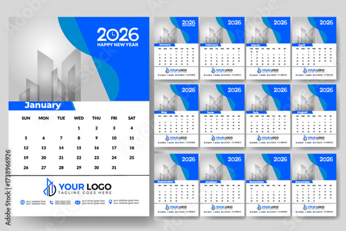 Modern 2026 wall and desk calendar template design, yearly and monthly planner, printable corporate calendar layout for business planning,  agenda, office organization and promotional material