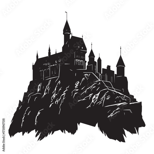 Dark silhouette of a sprawling gothic castle perched on a jagged mountainous terrain
