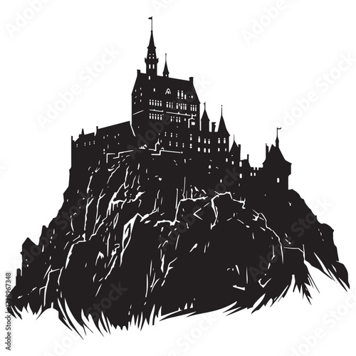 Dramatic silhouette of a sprawling gothic castle perched precariously on a jagged rocky outcrop