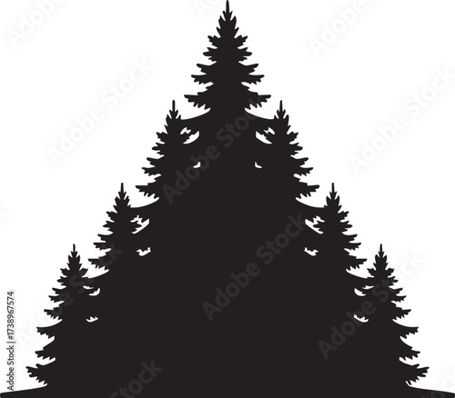 A cluster of dark evergreen pine trees in a silhouette against a clean white background isolated on white background