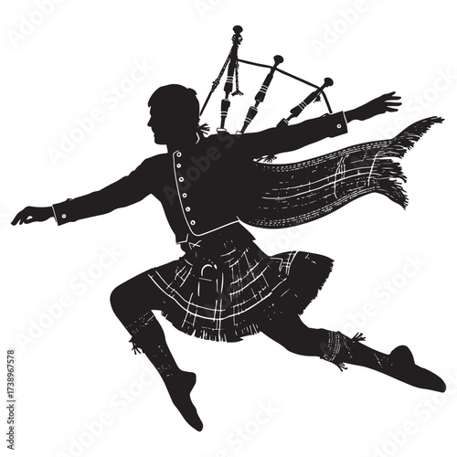 Dynamic silhouette of a scottish bagpiper in mid leap capturing the energy of highland dance and music