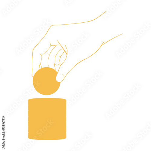 Hand dropping a golden coin into a square slot representing savings or investment