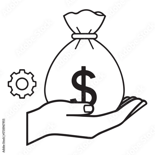 Hand holding a money bag with a dollar sign next to a gear symbolizing financial investment and business operations