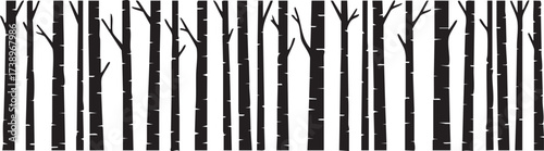 A row of stylized bare trees forming a barcode pattern silhouette isolated on white background