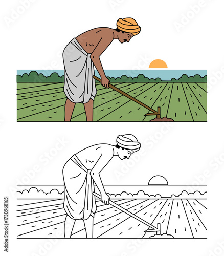 Indian Farmer Working in Field Vector Illustration – Agriculture and Village Life Concept