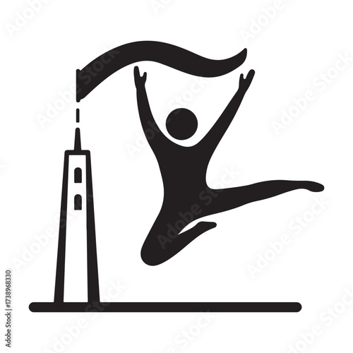 Silhouette of a triumphant dancer leaping joyfully beside a stylized tower and flowing banner
