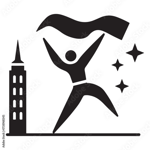 Silhouette of a triumphant figure holding a flowing banner aloft with a stylized cityscape and sparkling stars in the background
