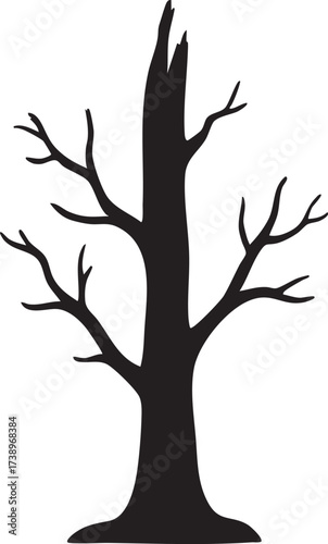 A stark black silhouette of a bare broken tree with no leaves standing isolated on white background