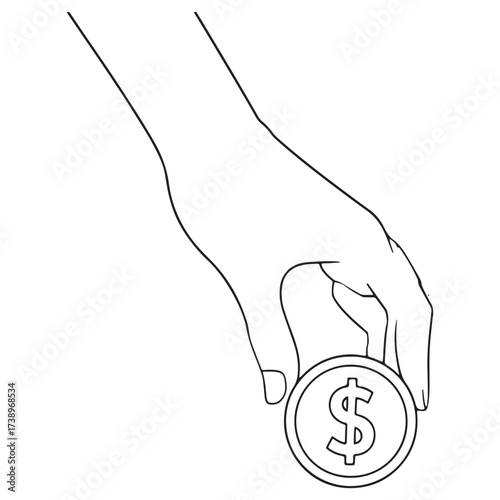 Simple line drawing of a hand dropping a coin with a dollar sign into an imaginary space
