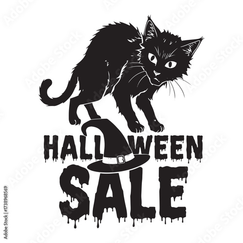 Spooky black cat and dripping halloween sale text with witch hat illustration for festive promotions