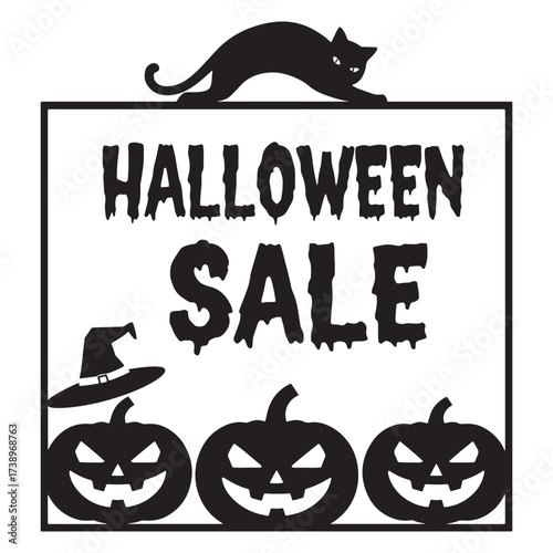 Spooky halloween sale sign featuring a black cat witch hat and jack o lanterns for festive decorations