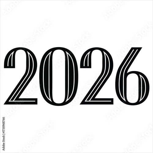 Black Art Deco Style Number 2026 on White Background year numeral