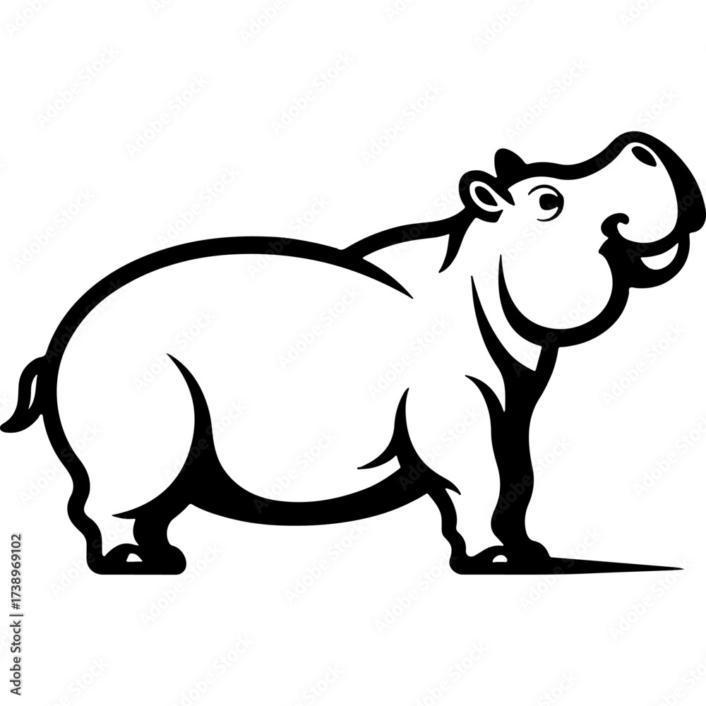Fototapeta premium Young hippopotamus looks at the sky with curiosity. Engraving minimalistic vector in black ink drawing on transparent background
