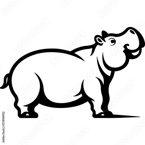 Young hippopotamus looks at the sky with curiosity. Engraving minimalistic vector in black ink drawing on transparent background