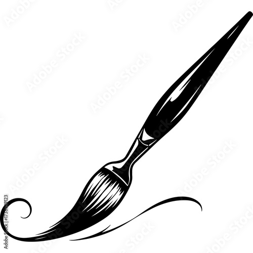 Sketchy emblem of an artist brush paints swirling spiral curls. Engraving minimalistic vector in black ink drawing on transparent background