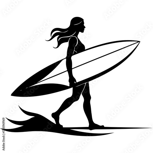 Sketchy emblem of surfer girl walking along beach shore with surfboard. Engraving minimalistic vector in black ink drawing on transparent background