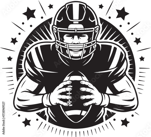 Powerful football player grips ball, ready for victory