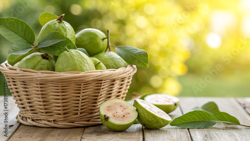 Quadro su tela Fresh guava fruits in a basket on a wooden table with a blurred background