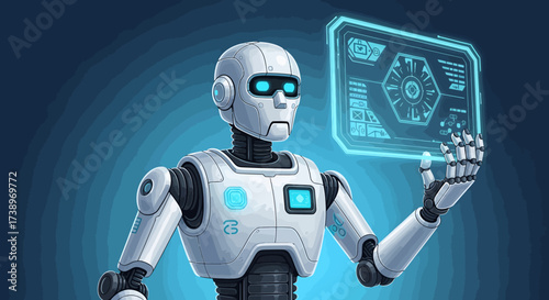 Robot displaying futuristic technology interface with glowing blue circuits and screens in a dark blue environment