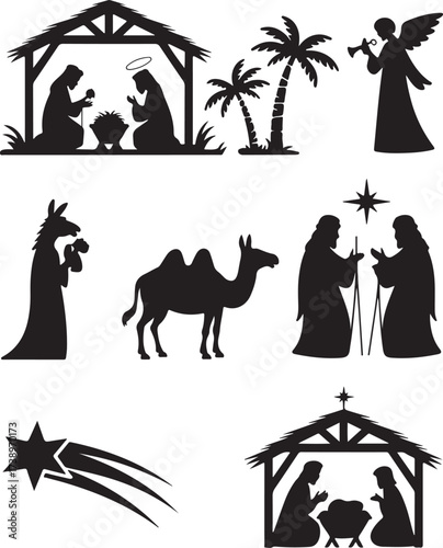 Nativity scene silhouettes with angel, camels, star