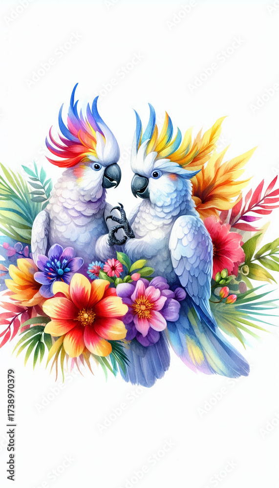 Fototapeta premium Affectionate Parrots Surrounded by Tropical Blooms