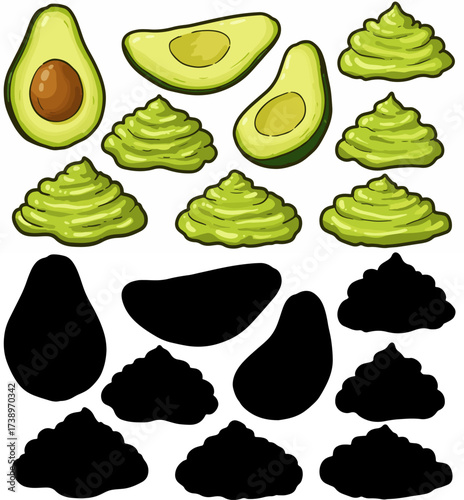 Avocado halves and mashed avocado with transparent background