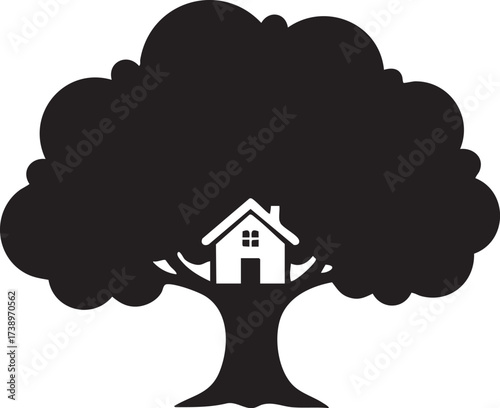 Black silhouette of a house nestled within a large tree canopy isolated on white background