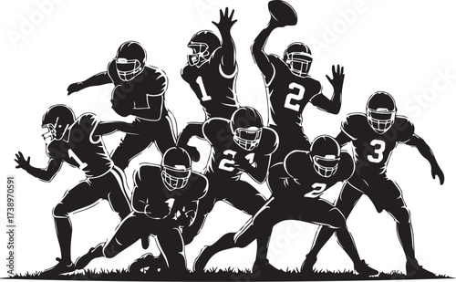 Dynamic American football team action poses ready to play
